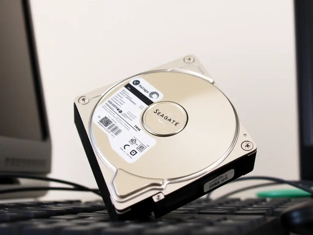 A used Seagate Barracuda 1TB HDD is shown with its metallic casing and visible spinning disk, placed in a desktop computer setup, highlighting its suitability for everyday storage needs.
