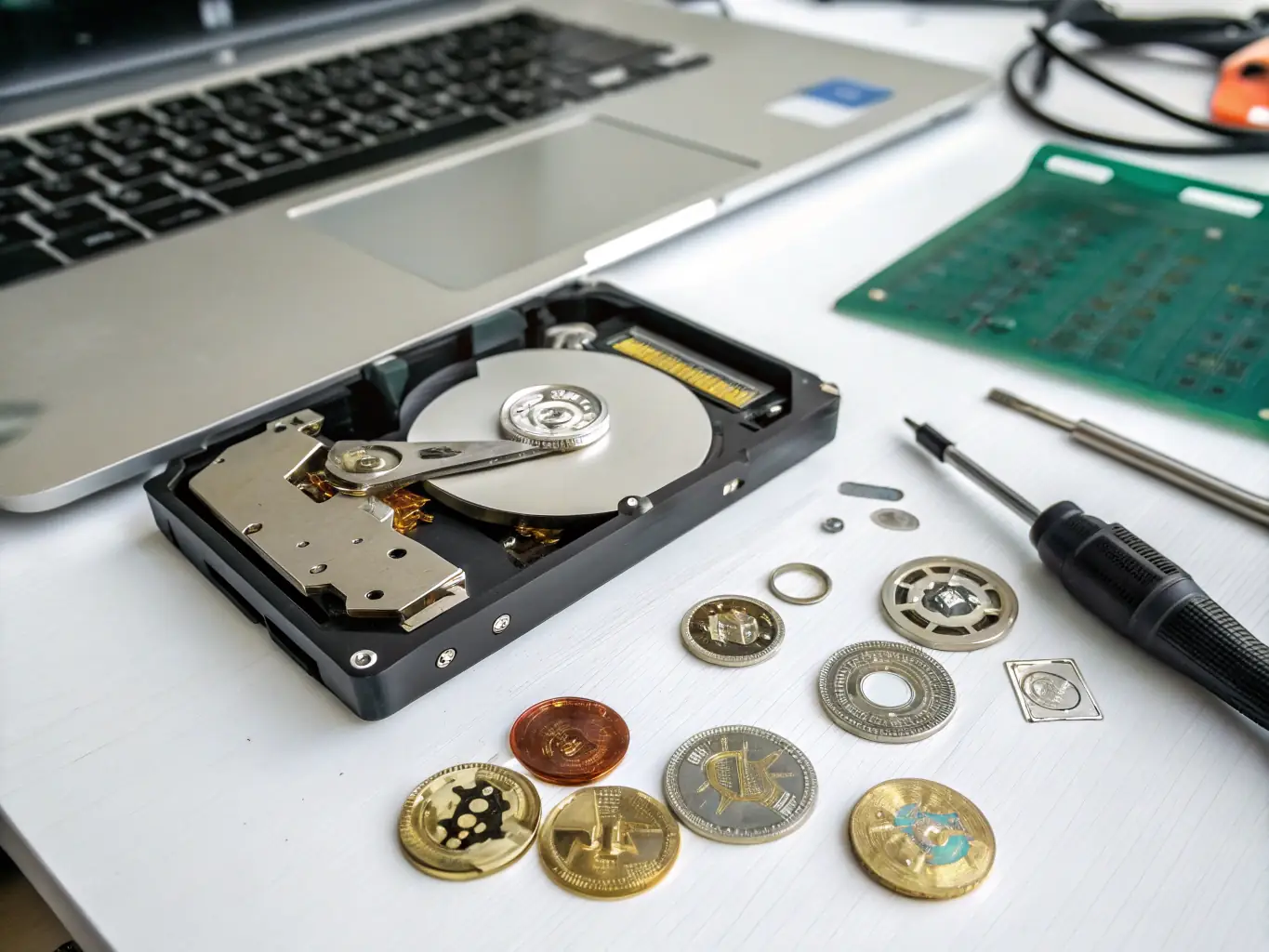 A close-up shot of a hand carefully inspecting a used hard drive, emphasizing the thorough testing process at PennyDrives.